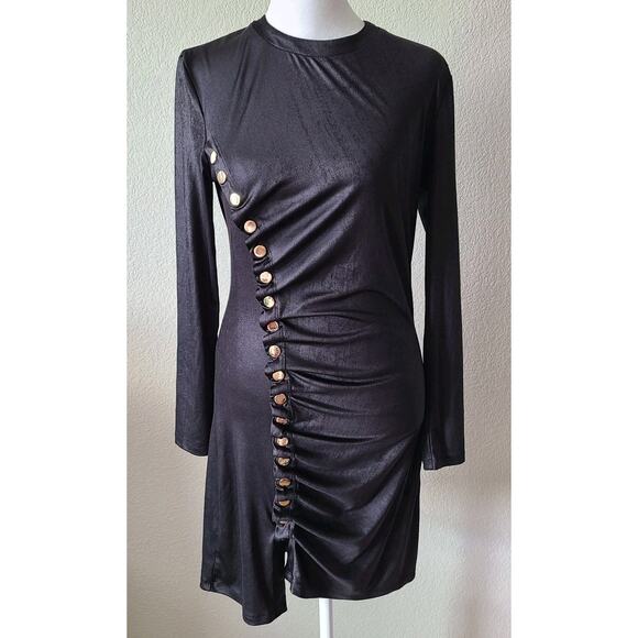 Karina Grimaldi Asymmetrical Black Bodycon Mini Dress Size Medium Gold Buttons - Picture 1 of 12